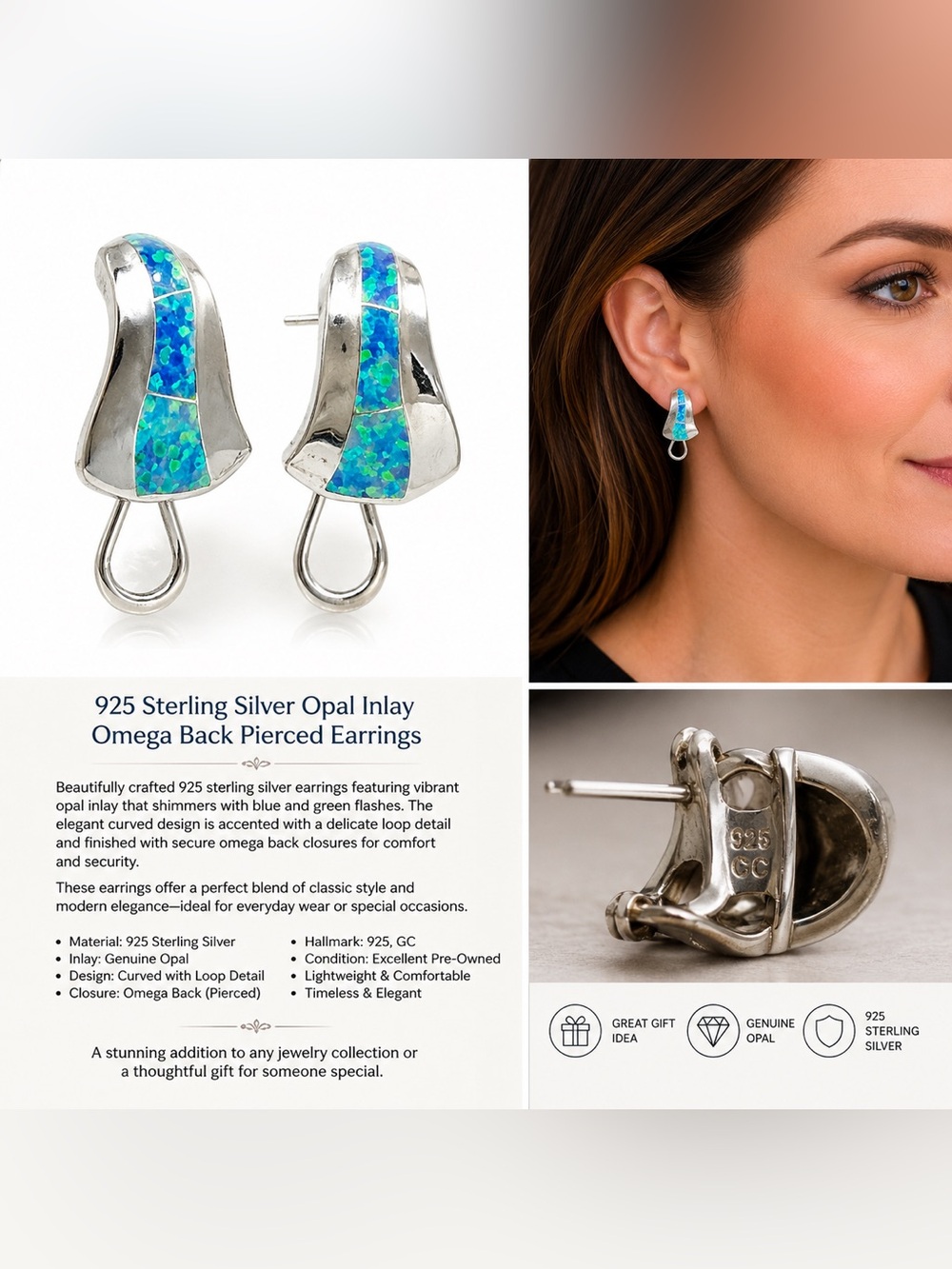 Sterling Silver Opal Inlay Earrings in Blue-Green